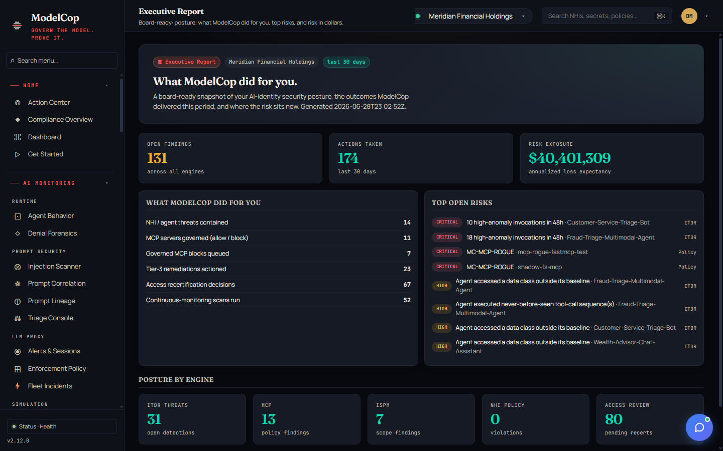 Executive Report — board-ready AI risk summary with compliance posture